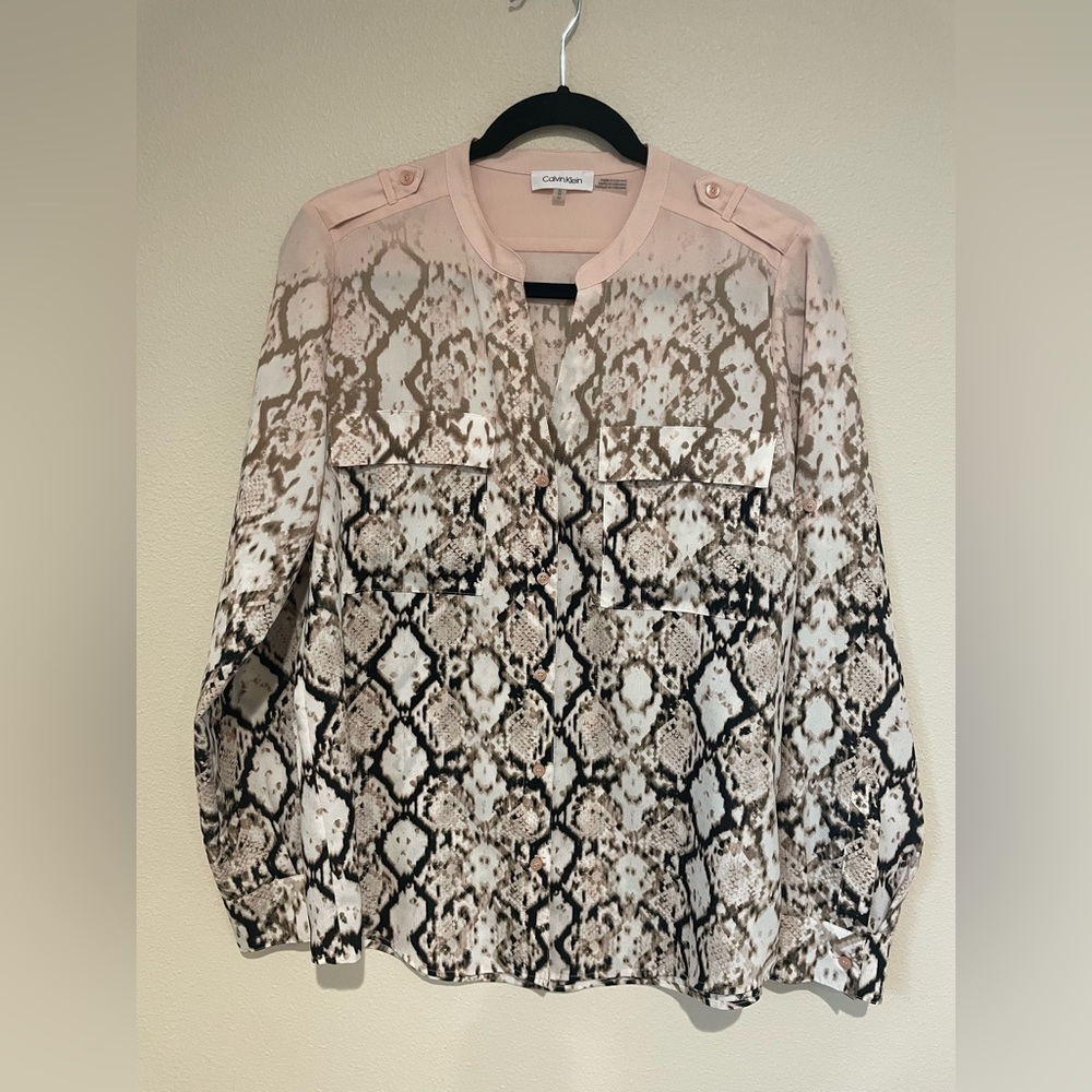 Calvin Klein Multi-Color Print Blouse With Pink & Brown Hues